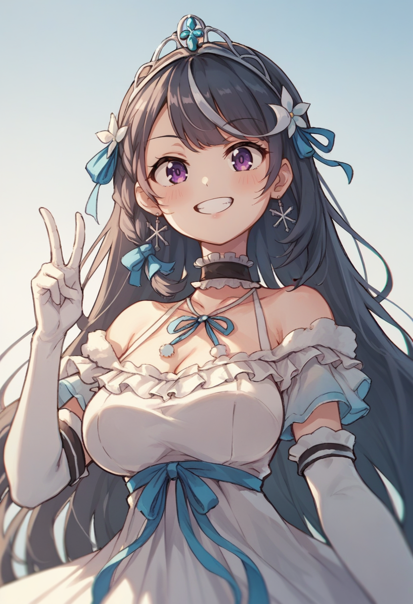 score_9, score_8_up, score_7_up, 1girl, solo, awayukidef, ahoge, large breasts, dress, white dress, off-shoulder dress, hair ornament, elbow gloves, white gloves, frills, choker, tiara, ribbon, earrings, jewelry, upper body, grin, v, <lora:awayuki_SDXL-07:0.8>