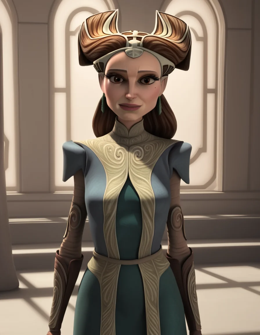 score_9, score_8_up, score_7_up, source_anime,
<lora:clonewars-padme-amidala-s3-ponyxl-lora-nochekaiser:1>, padme amidala, brown hair, brown eyes, realistic, mole, mole under eye, long hair, lips, 3d,
dress, tiara, green dress, collarbone, breast, skirt, long skirt, green skirt, earrings, hair horns,
indoors, smile,
looking at viewer, cowboy shot, dutch angle, solo,