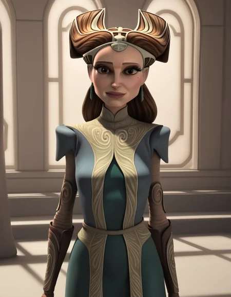 score_9, score_8_up, score_7_up, source_anime,
<lora:clonewars-padme-amidala-s3-ponyxl-lora-nochekaiser:1>, padme amidala, brown hair, brown eyes, realistic, mole, mole under eye, long hair, lips, 3d,
dress, tiara, green dress, collarbone, breast, skirt, long skirt, green skirt, earrings, hair horns,
indoors, smile,
looking at viewer, cowboy shot, dutch angle, solo,