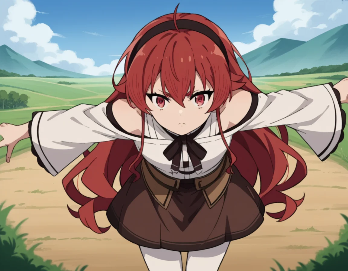 score_9, score_8_up, score_7_up, source_anime,
erisgreyrat, <lora:eris-boreas-greyrat-s1-ponyxl-lora-nochekaiser:1>,
eris greyrat, ahoge, hair between eyes, long hair, red eyes, red hair, sidelocks,
black hairband, black ribbon, brown skirt, hairband, long sleeves, neck ribbon, pantyhose, ribbon, shirt, shoulder cutout, skirt, white pantyhose, white shirt, wide sleeves,
outdoors, landscape, farm, bent over,
looking at viewer, dutch angle, cowboy shot,