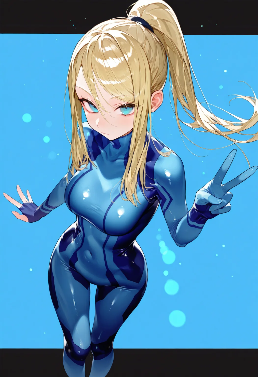(masterpiece), (best quality), (ultra-detailed), amazing quality, very aesthetic, illustration, perfect composition, intricate details, absurdres, incredibly absurdres, lens flare, bokeh, light particles, bloom, chromatic aberration, diffraction spikes, (letterboxed:1.3),
1girl, blonde hair, blue eyes, ponytail, samus aran,
solo, standing, blue bodysuit, peace sign,
blue background, halftone, halftone background, dynamic pose, perspective, <lora:Lunas-Eatsleep1111-IllustriousXL-EXP2:1>