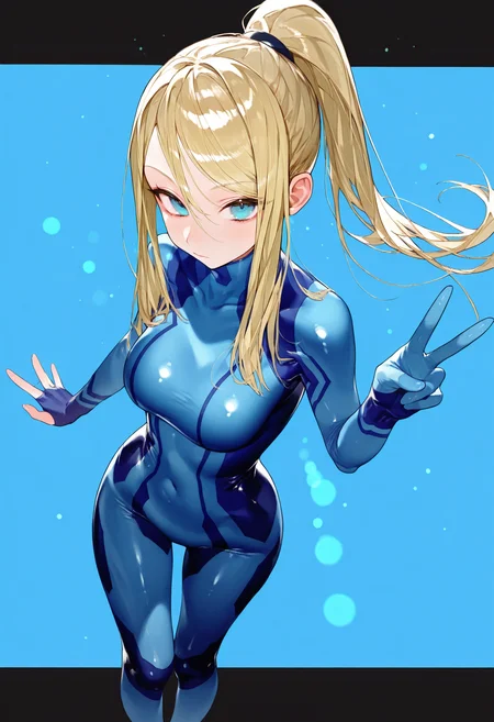 (masterpiece), (best quality), (ultra-detailed), amazing quality, very aesthetic, illustration, perfect composition, intricate details, absurdres, incredibly absurdres, lens flare, bokeh, light particles, bloom, chromatic aberration, diffraction spikes, (letterboxed:1.3),
1girl, blonde hair, blue eyes, ponytail, samus aran,
solo, standing, blue bodysuit, peace sign,
blue background, halftone, halftone background, dynamic pose, perspective, <lora:Lunas-Eatsleep1111-IllustriousXL-EXP2:1>