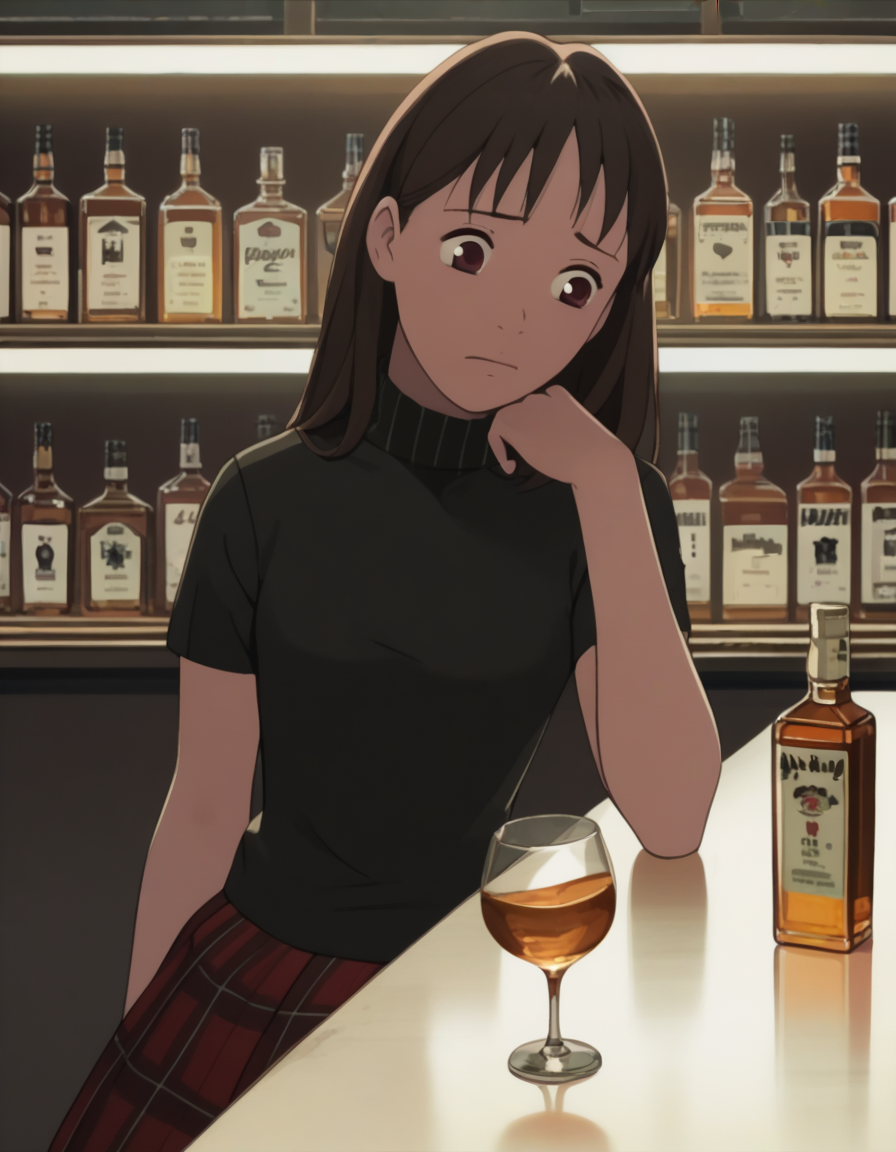 score_9,  score_8_up, score_7_up, source_anime, <lora:izumi-maho-koyuki-ponyxl:1> ishiguroizumi, turtleneck, short sleeves, black shirt, plaid skirt, red skirt,
1girl, solo, whiskey, shot glass, nervous, counter