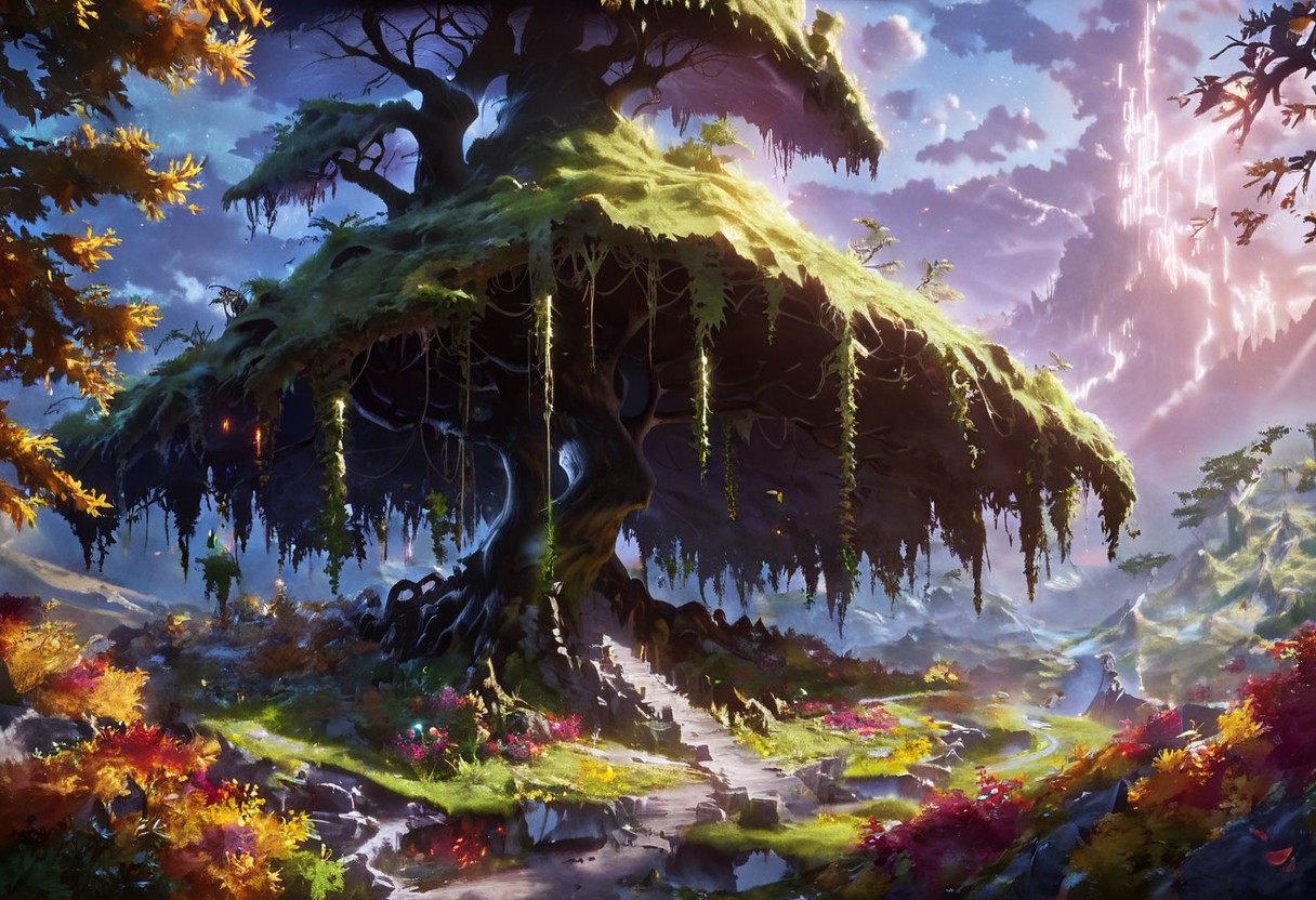score_9, score_8_up, score_7_up, An incredible giant golden tree, (branches:1.2) (connecting:1.2) the (universe:1.2),(falling_leaves:1.2), (glowing_leaves:1.1）, fantasy, mythology, night, 
(elden_ring:1.2),(yggdrasill:1.2),sunlight,(dark_souls_style:1.2), (no_humans:1.2), glowing door at the  roots, tangled, massive, landscape,
8K Ultra HD, high detailed, intricate, elegant, highly detailed, artstation, concept art,smooth, illustration, high quality, concept art, realistic, golden, vibrant tree, modern city in the distance, skyscrapers in the background, lonely tree, forest, hill, flowers, light and shadows by reij-shdwgms city lights, gleaming doorway at the roots, golden glowing door under the tree,