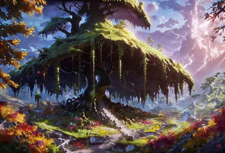 score_9, score_8_up, score_7_up, An incredible giant golden tree, (branches:1.2) (connecting:1.2) the (universe:1.2),(falling_leaves:1.2), (glowing_leaves:1.1), fantasy, mythology, night,
(elden_ring:1.2),(yggdrasill:1.2),sunlight,(dark_souls_style:1.2), (no_humans:1.2), glowing door at the roots, tangled, massive, landscape,
8K Ultra HD, high detailed, intricate, elegant, highly detailed, artstation, concept art,smooth, illustration, high quality, concept art, realistic, golden, vibrant tree, modern city in the distance, skyscrapers in the background, lonely tree, forest, hill, flowers, light and shadows by reij-shdwgms city lights, gleaming doorway at the roots, golden glowing door under the tree,