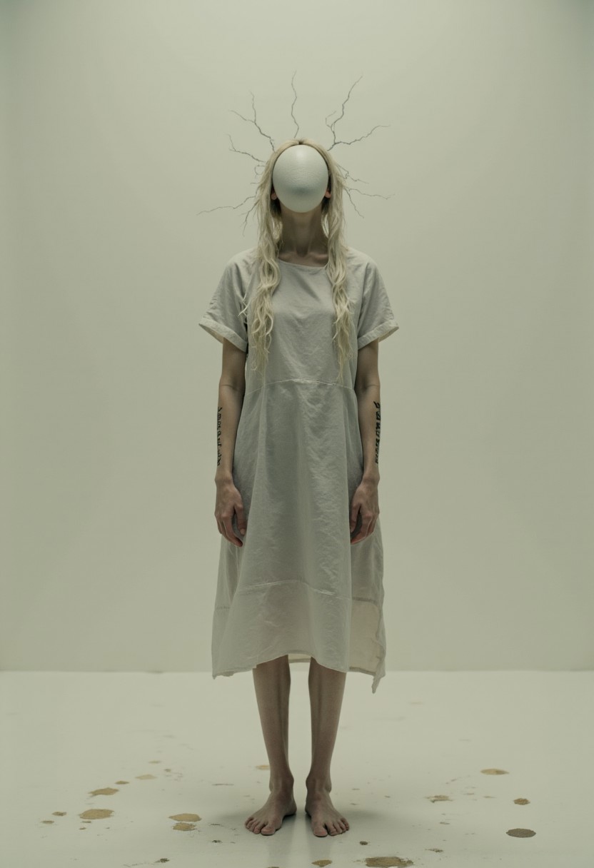 A flat, endless space. No texture, no floor—just a muted canvas of soft light and soft nothing. Floating above the ground by inches: a barefoot figure in a hospital gown, face obscured by a loose halo of white hair that falls like liquid static. She doesn’t move. She doesn’t need to.
Instead of a face, she wears a single, featureless ceramic oval—perfectly smooth, reflecting nothing. No eyes, no mouth. But there’s something underneath. You feel it. A presence—not malevolent, not kind, just… watching.
Her arms hang weightless at her sides. Fingers long, uncannily still. On the inside of each forearm: looping text written in unknown script, glowing just faintly, like the dying battery of something ancient.
Above her head: a ring of static pixels, orbiting like a broken halo, sparking faintly with glitchlight every few seconds. No sound. No hum. But the silence feels like it’s listening.
Behind her: faint outlines, like imprints in the air. One looks like a door, one like a staircase, one like a person walking away—each formed entirely of shadow, too far to touch, too close to ignore.
The mask does not blink. But somewhere inside it… something does.