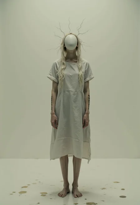 A flat, endless space. No texture, no floor—just a muted canvas of soft light and soft nothing. Floating above the ground by inches: a barefoot figure in a hospital gown, face obscured by a loose halo of white hair that falls like liquid static. She doesn’t move. She doesn’t need to.
Instead of a face, she wears a single, featureless ceramic oval—perfectly smooth, reflecting nothing. No eyes, no mouth. But there’s something underneath. You feel it. A presence—not malevolent, not kind, just… watching.
Her arms hang weightless at her sides. Fingers long, uncannily still. On the inside of each forearm: looping text written in unknown script, glowing just faintly, like the dying battery of something ancient.
Above her head: a ring of static pixels, orbiting like a broken halo, sparking faintly with glitchlight every few seconds. No sound. No hum. But the silence feels like it’s listening.
Behind her: faint outlines, like imprints in the air. One looks like a door, one like a staircase, one like a person walking away—each formed entirely of shadow, too far to touch, too close to ignore.
The mask does not blink. But somewhere inside it… something does.
