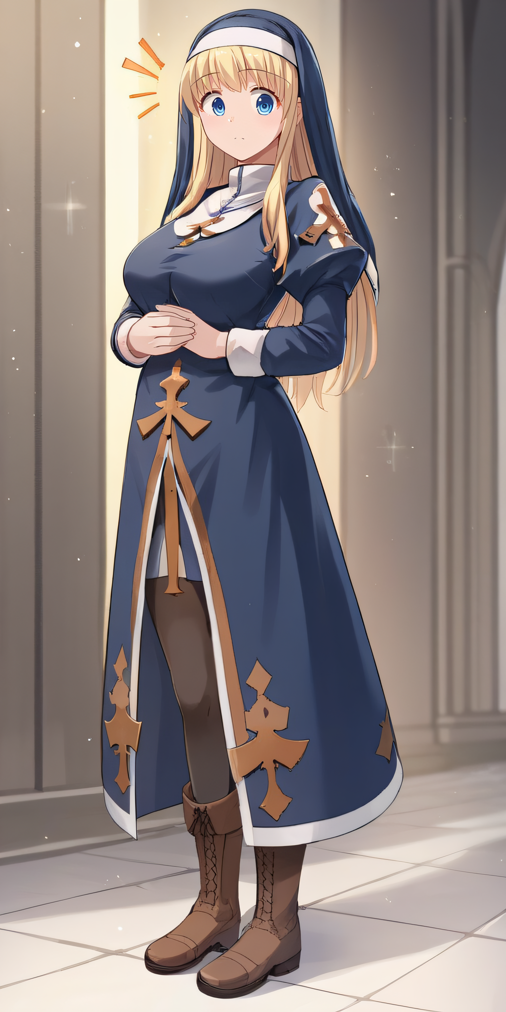 score_9, score_8_up, score_7_up, score_6_up, score_5_up, score_4_up, BREAK source_anime, masterpiece, best quality, ultra quality, <lora:PONY_Saint Emiliana:1>, emiliana, blonde hair, long hair, blue eyes, nun, habit, blue long dress, frontal view, looking at viewer, brown boots, full body, surprised, black pantyhose, five fingers