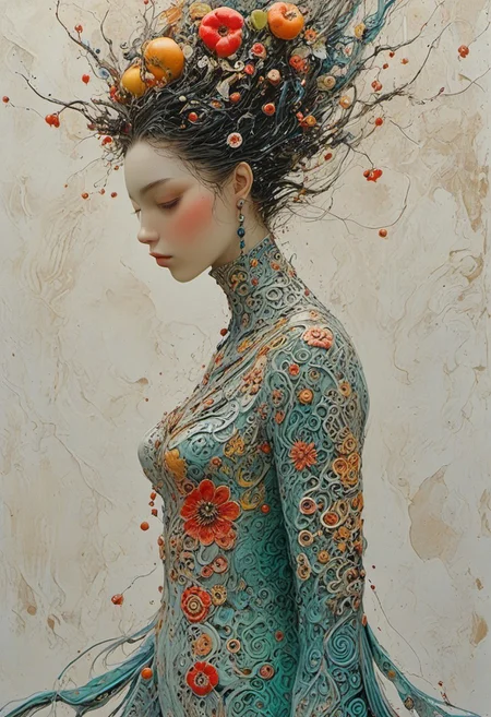Create an image of a beautiful woman with a curvy body made entirely of smooth white porcelain, standing with her back to the viewer. Her porcelain body is richly decorated with intricate fruits patterns, etched and painted in soft, elegant tones. The black hair, red accents, The composition includes illusion of reflections and refractions, Ethereal alien cybergoth fashion photography painting, in the style of teal and gold. in the background, tintricate stunning highly detailed, abstract, trippy, 60s style, op art, dark blues and blacks, swirling patterns, hypnotic, art by careening into peace.