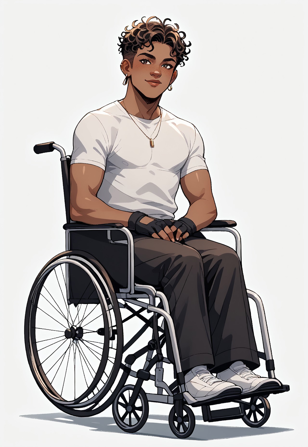 score_9, score_8_up, score_7_up, score_6_up, score_5_up, score_4_up, simple background, best quality, detailed, masterpiece, 1boy, 
BREAK,
1boy, deep golden-brown skin, short tightly coiled black curly hair with a wild top, and expressive hazel eyes. Their face has light freckles across their nose and cheeks, 
BREAK,
Stylish streetwear, teck streetwear, outfit is stylish and layered,  featuring fingerless gloves
BREAK,
They are seated in a fully visible custom wheelchair with a sleek, artistic design. The wheelchair has a metallic sheen with intricate constellations engraved into the frame and tiny inlaid gemstones that catch the light. It has large, stylish wheels and a sturdy yet elegant structure.,
BREAK,
Lio has a confident and charismatic expression, looking directly at the viewer with a warm yet rebellious energy,
BREAK,
sw4p, wheelchair, sat in wheelchair, wheelchair user, wheelchair bound