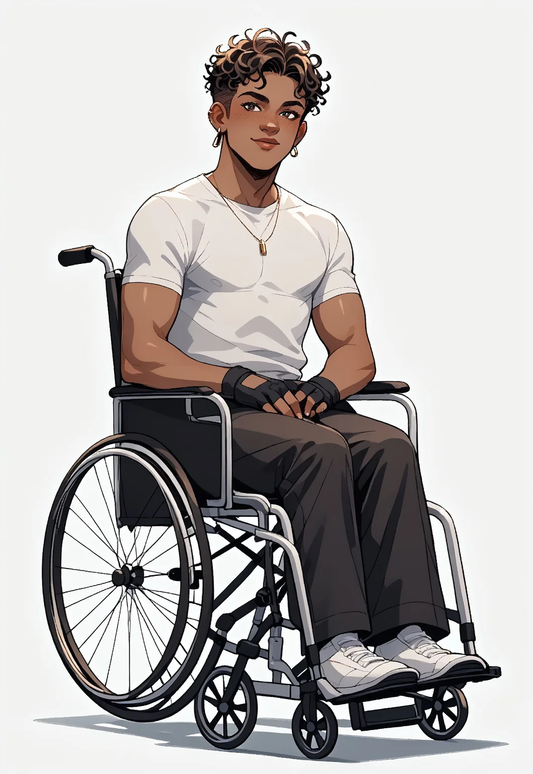 score_9, score_8_up, score_7_up, score_6_up, score_5_up, score_4_up, simple background, best quality, detailed, masterpiece, 1boy,
BREAK,
1boy, deep golden-brown skin, short tightly coiled black curly hair with a wild top, and expressive hazel eyes. Their face has light freckles across their nose and cheeks,
BREAK,
Stylish streetwear, teck streetwear, outfit is stylish and layered, featuring fingerless gloves
BREAK,
They are seated in a fully visible custom wheelchair with a sleek, artistic design. The wheelchair has a metallic sheen with intricate constellations engraved into the frame and tiny inlaid gemstones that catch the light. It has large, stylish wheels and a sturdy yet elegant structure.,
BREAK,
Lio has a confident and charismatic expression, looking directly at the viewer with a warm yet rebellious energy,
BREAK,
sw4p, wheelchair, sat in wheelchair, wheelchair user, wheelchair bound