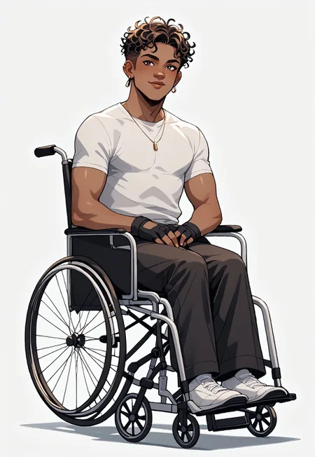 score_9, score_8_up, score_7_up, score_6_up, score_5_up, score_4_up, simple background, best quality, detailed, masterpiece, 1boy,
BREAK,
1boy, deep golden-brown skin, short tightly coiled black curly hair with a wild top, and expressive hazel eyes. Their face has light freckles across their nose and cheeks,
BREAK,
Stylish streetwear, teck streetwear, outfit is stylish and layered, featuring fingerless gloves
BREAK,
They are seated in a fully visible custom wheelchair with a sleek, artistic design. The wheelchair has a metallic sheen with intricate constellations engraved into the frame and tiny inlaid gemstones that catch the light. It has large, stylish wheels and a sturdy yet elegant structure.,
BREAK,
Lio has a confident and charismatic expression, looking directly at the viewer with a warm yet rebellious energy,
BREAK,
sw4p, wheelchair, sat in wheelchair, wheelchair user, wheelchair bound