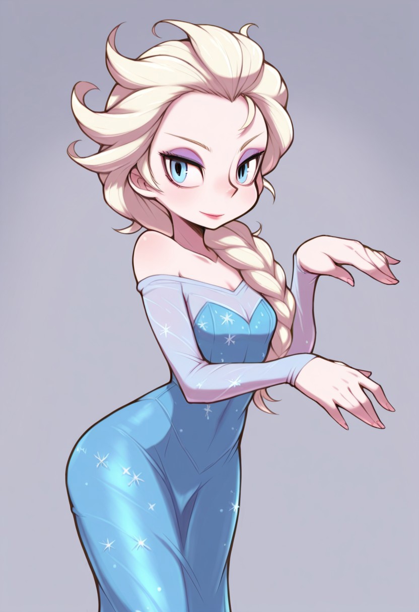 moyoosu, elsa, best quality, masterpiece, hires, solo, 1girl, cute pose, blonde hair, blue eyes, single braid, hair over shoulder, makeup, blue dress, bare shoulders, long sleeves, long skirt