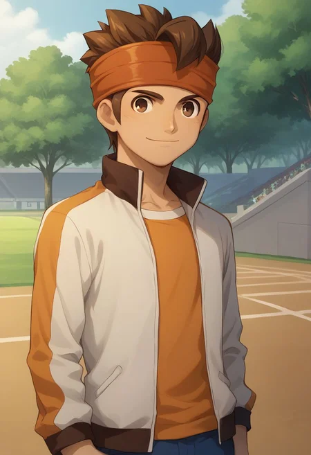 score_9, score_8_up, score_7_up, source_anime, highly detailed,
endou, 1boy, male focus, headband, solo, brown hair, brown eyes, jacket, pants, open jacket, track jacket, orange shirt, blue pants, upper body, smile,
outside,
