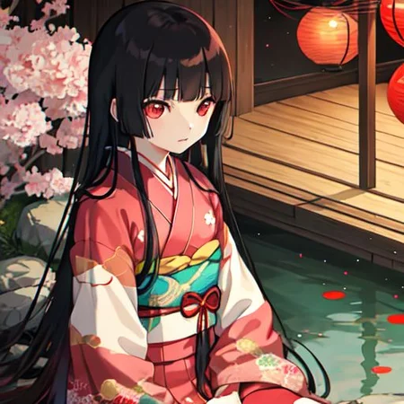 enma_ai 1girl, solo, hair down, hair black, bangs hair, eyes red, kimono, underlayer kimono, ornamental hairpun, obi sas, night, village, (masterpiece), 1girl, living in a floating house, pond, flowers on pond, beautiful scenery <lora:iori1:1>