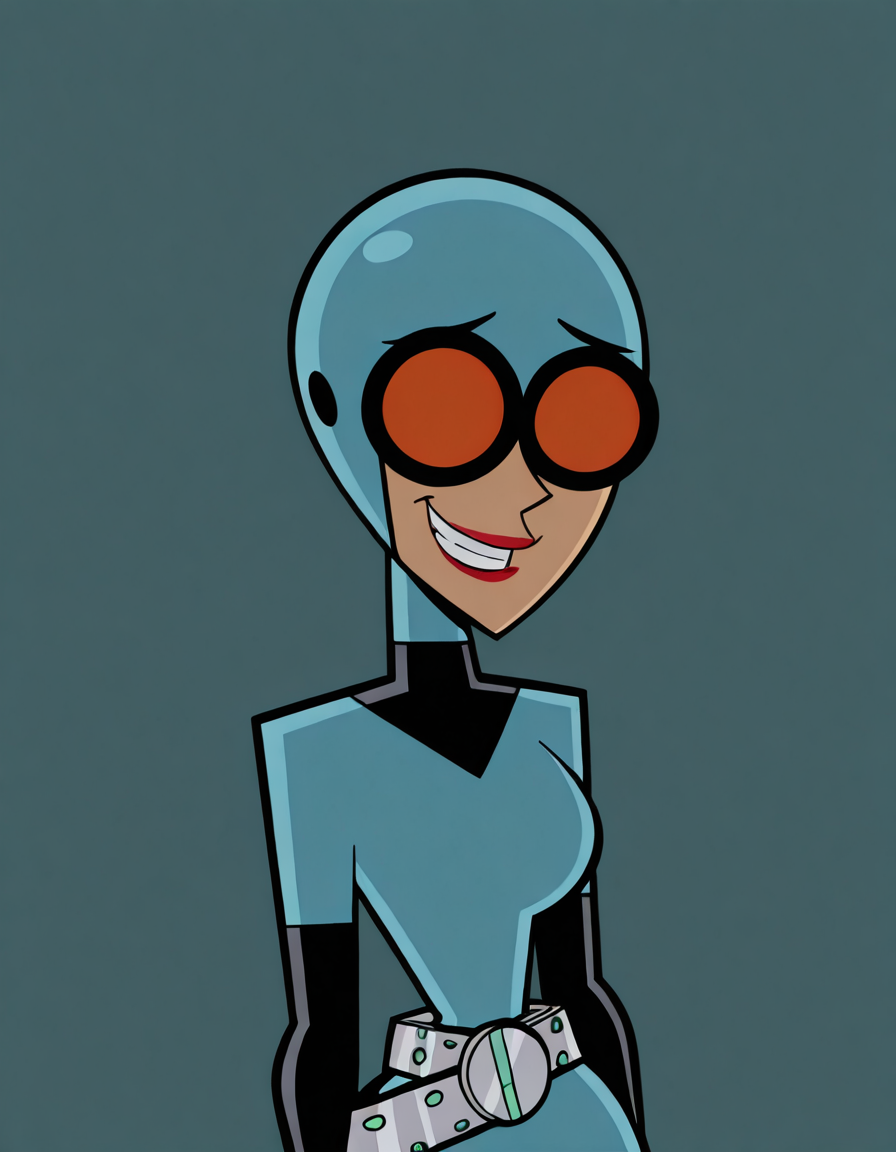 <lora:MaddieFentonIllustrious1.0JLFO:1> maddief, 1girl, lipstick, goggles, bodysuit,helmet, makeup, solo, gloves, belt, looking at viewer,upper body, grin,  masterpiece, best quality, amazing quality, very aesthetic, absurdres,simple background,