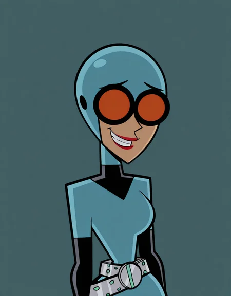 <lora:MaddieFentonIllustrious1.0JLFO:1> maddief, 1girl, lipstick, goggles, bodysuit,helmet, makeup, solo, gloves, belt, looking at viewer,upper body, grin, masterpiece, best quality, amazing quality, very aesthetic, absurdres,simple background,
