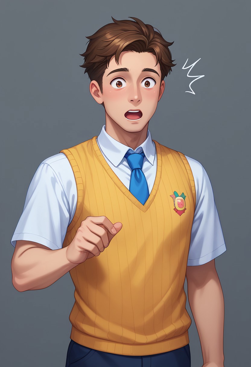 score_9, score_8_up, score_7_up, score_6_up, CasGAC, masterpiece, best quality, detailed eyes, detailed face, perfect eyes, high detailed, absurdres, highres, BREAK 1boy, man, mature, solo, handsome, surprised, shocked, open mouth, brown hair, short hair, brown eyes, orange shirt, blue tie, yellow knitted vest, BREAK standing, close-up, close up, closeup, medium shot, semi-sideways, half-sideways, looking at left, BREAK simple background, gray background