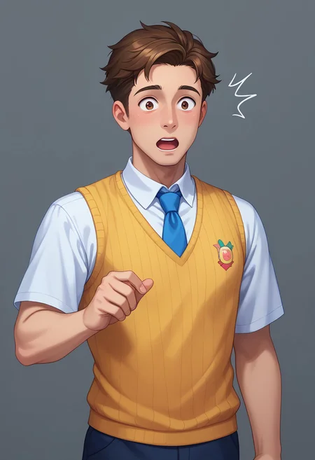 score_9, score_8_up, score_7_up, score_6_up, CasGAC, masterpiece, best quality, detailed eyes, detailed face, perfect eyes, high detailed, absurdres, highres, BREAK 1boy, man, mature, solo, handsome, surprised, shocked, open mouth, brown hair, short hair, brown eyes, orange shirt, blue tie, yellow knitted vest, BREAK standing, close-up, close up, closeup, medium shot, semi-sideways, half-sideways, looking at left, BREAK simple background, gray background
