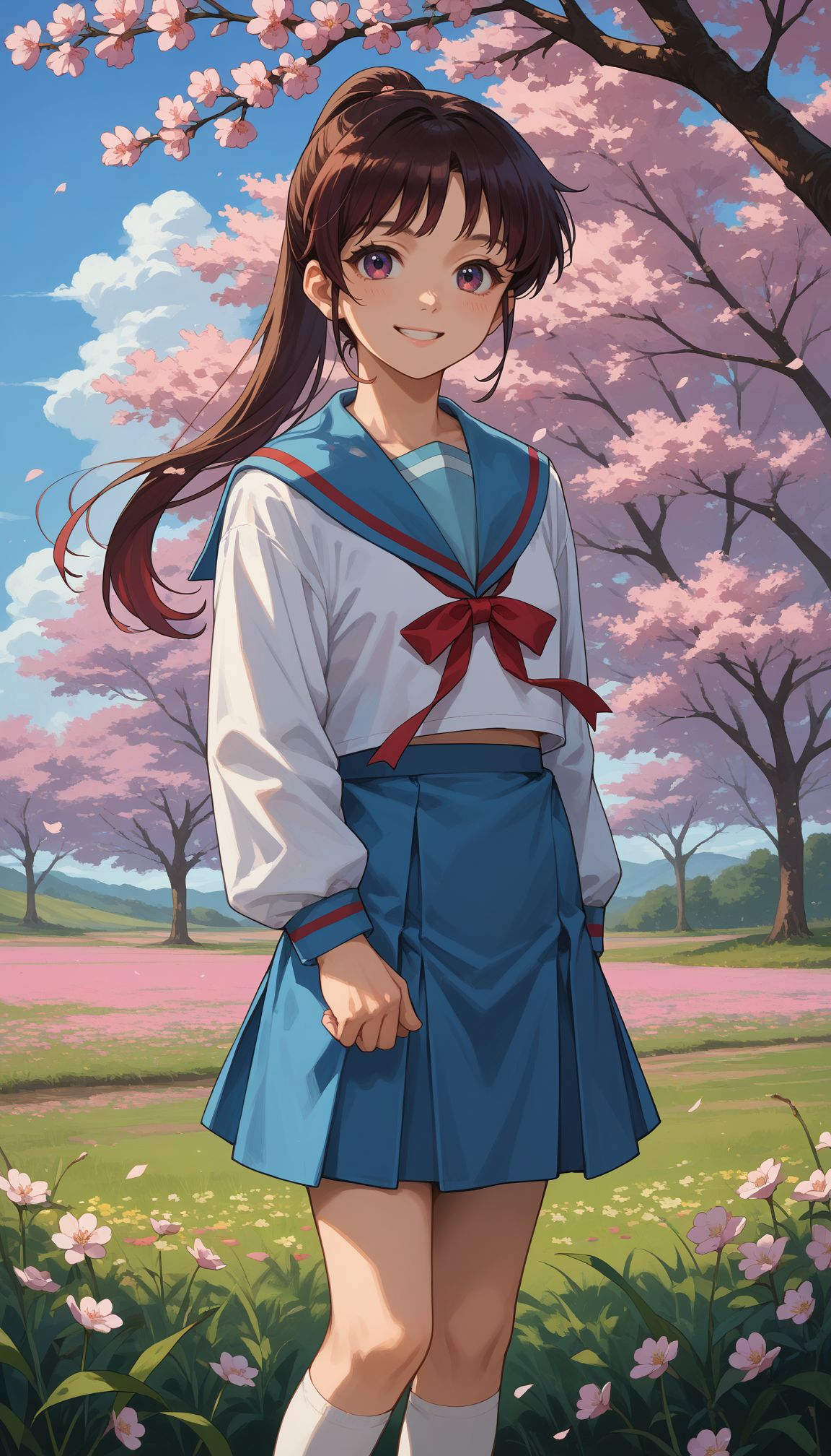 score_9, score_8_up, score_7_up, source_anime, outdoors,cherry blossoms,standing,cowboy shot,smile, flower field, 
 <lora:Kyonko:0.8>, 
kk1, 1girl, ponytail, blue sailor collar, long sleeves,, serafuku, blue skirt,, red ribbon, long hair, socks,