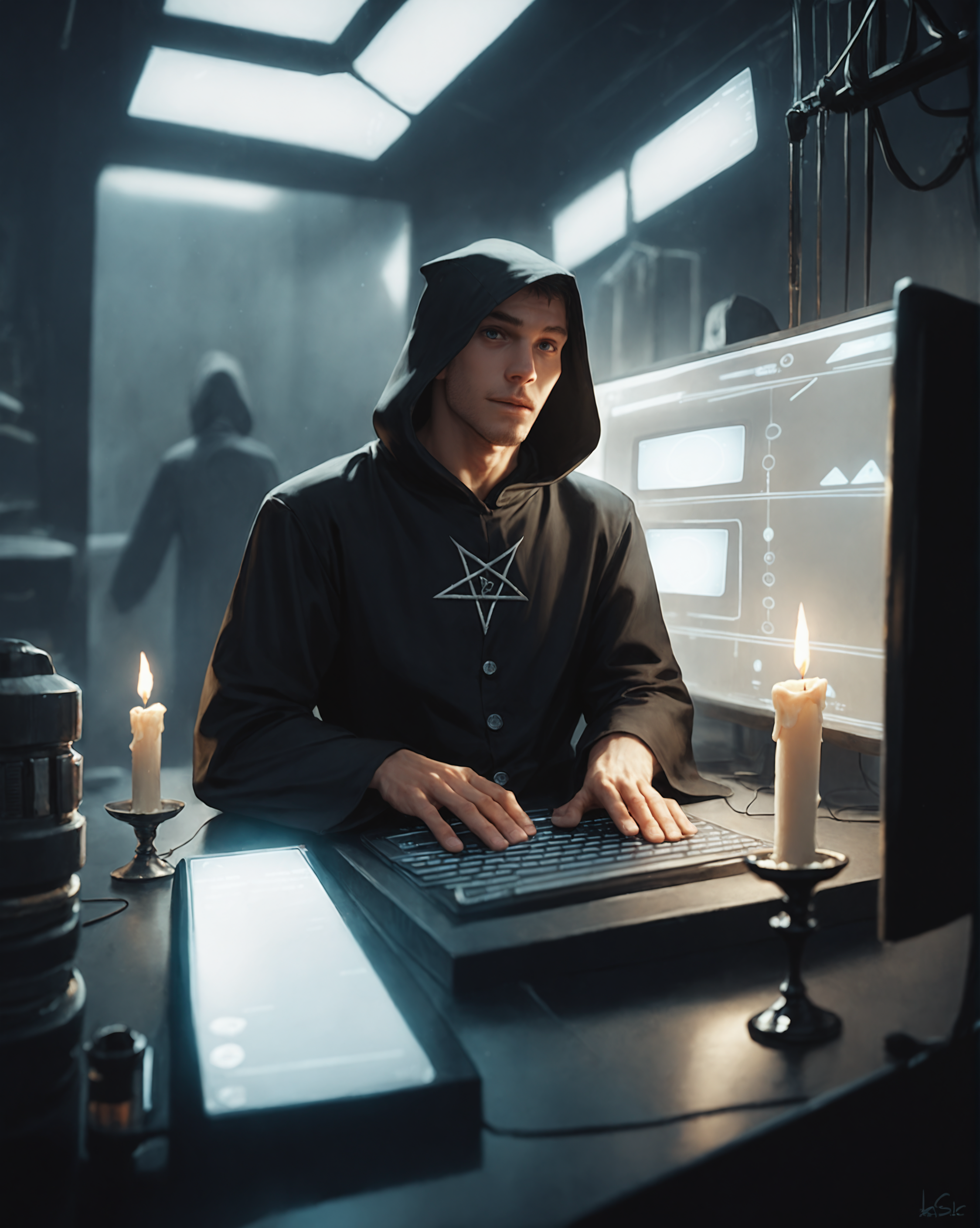 score_9, score_8_up, score_7_up, intricate details, rating_safe, science fiction, 
<lora:homri52:1>,
computer server, black magic, pentagram, black candles, depth of field, detailed background, dark room, at night, 
male cultist, black robe, hood, 
<lora:ral-chrosc-clr:0.3>, ral-chrosc-clr,
<lora:xl_more_art-full_v1:0.3>,
<lora:add-detail-xl:0.3>