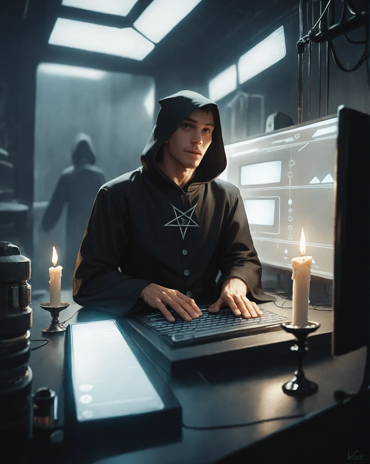score_9, score_8_up, score_7_up, intricate details, rating_safe, science fiction, 
<lora:homri52:1>,
computer server, black magic, pentagram, black candles, depth of field, detailed background, dark room, at night, 
male cultist, black robe, hood, 
<lora:ral-chrosc-clr:0.3>, ral-chrosc-clr,
<lora:xl_more_art-full_v1:0.3>,
<lora:add-detail-xl:0.3>
