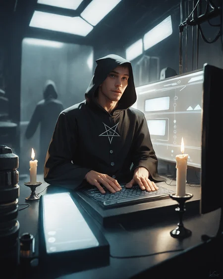 score_9, score_8_up, score_7_up, intricate details, rating_safe, science fiction,
<lora:homri52:1>,
computer server, black magic, pentagram, black candles, depth of field, detailed background, dark room, at night,
male cultist, black robe, hood,
<lora:ral-chrosc-clr:0.3>, ral-chrosc-clr,
<lora:xl_more_art-full_v1:0.3>,
<lora:add-detail-xl:0.3>