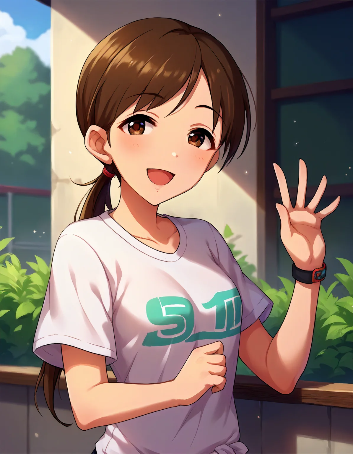 score_9,score_8_up,score_7_up,1girl,solo,cowboy shot,looking at viewer,smile,open mouth,outdoors,
<lora:nittaminami_ponyXLV6:0.8>,cgntm,
brown hair,low ponytail,brown eyes,
shirt