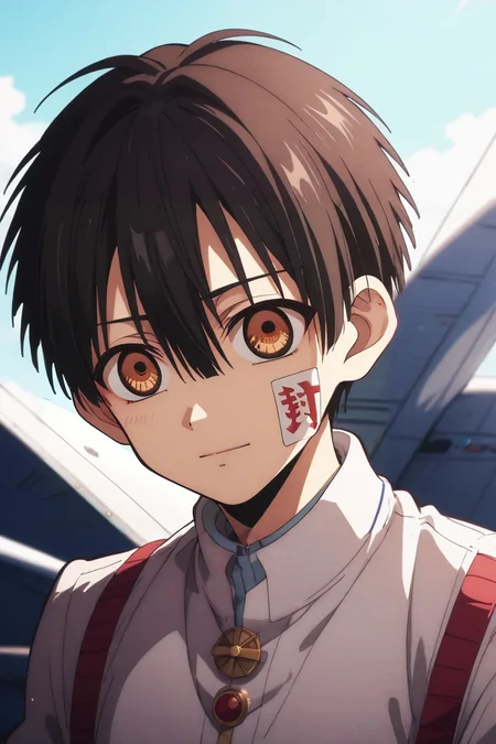 score_9, score_8_up, score_7_up, source_anime, rating_safe, , semi-realistic, looking at viewer, depth of field, 1boy, solo, male focus, <lora:hanako-kun_pony:0.8>, hanako-kun, black hair, brown eyes, short hair, hair between eyes, bangs, , ofuda, upper body, plane, light, spread legs, heart eyes, , <lora:sdxl_lightning_8step_lora:1>