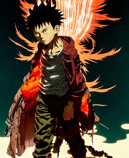 tetsuo from akira, orange spike aura in motion, damaged japanese clothes, floating pieces, painted by art by tsuyoshi nagano, greg rutkowski, artgerm, alphonse mucha, spike painting