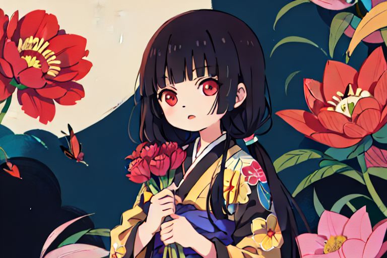 enma ai, hair down, hair black, bangs, eyes red, masterpiece, best quality, ultra-detailed, illustration, 1girl, solo, highres, photorealistic, ultra high res, (Original illustration composition), (fusion of limited color,Maximalism artstyle, kimono obi fashion, double exposure, background, illustration, Amazing, lily spider, night darkness, open one's mouth, finger, bouquet flowers red, low twintails, (polychromatic peony:1.15), Movie poster,