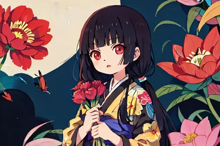 enma ai, hair down, hair black, bangs, eyes red, masterpiece, best quality, ultra-detailed, illustration, 1girl, solo, highres, photorealistic, ultra high res, (Original illustration composition), (fusion of limited color,Maximalism artstyle, kimono obi fashion, double exposure, background, illustration, Amazing, lily spider, night darkness, open one's mouth, finger, bouquet flowers red, low twintails, (polychromatic peony:1.15), Movie poster,