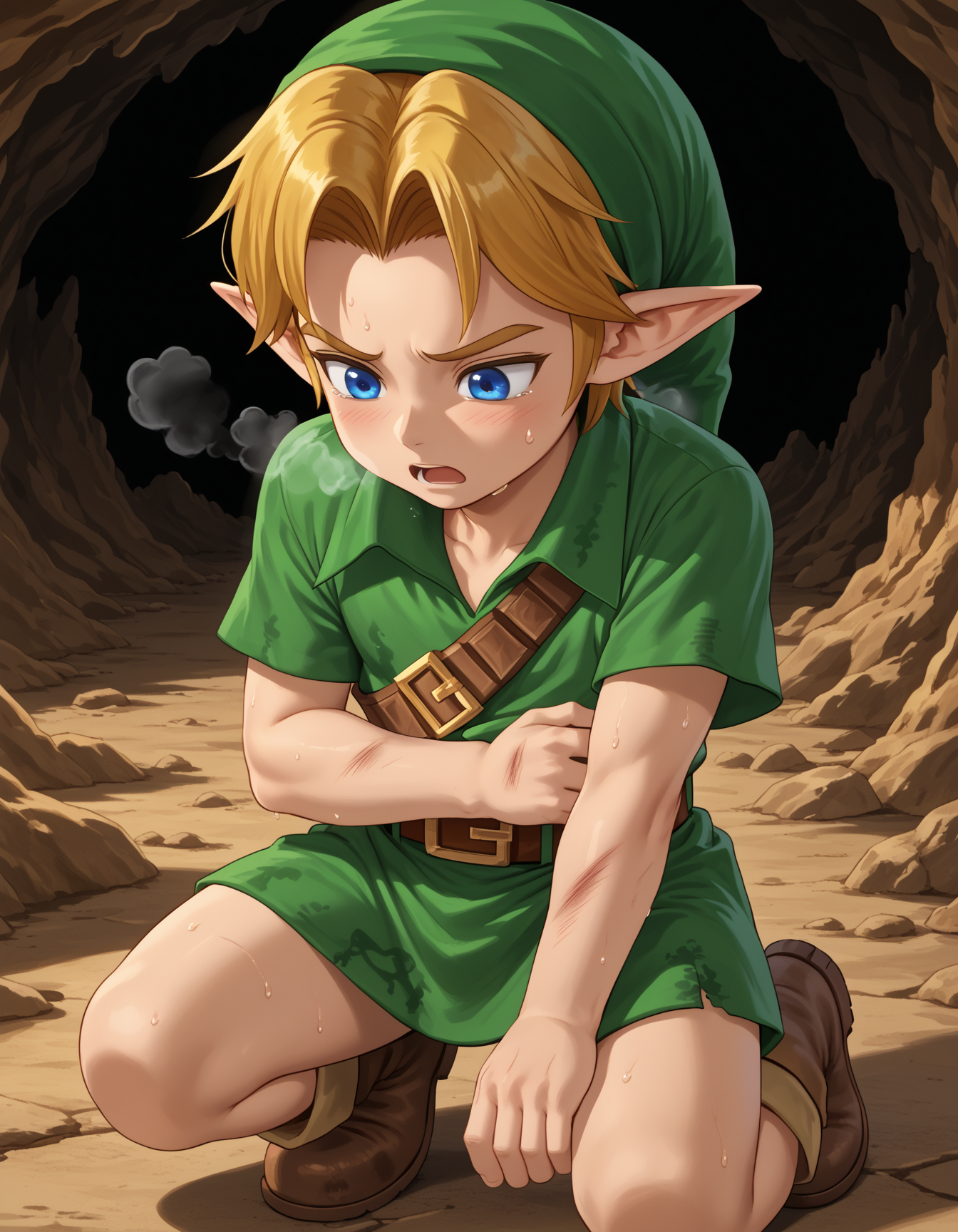 score_9, score_8_up, score_7_up, source_anime,perfect face, detailed, intricate details, highres, absurdres
BREAK
YLink, 1boy,child, solo,tattered body,injured body,painful,sad,exhausted,steam,heavy breathing,sweat,open mouth,, thighs,green hat, blonde hair, pointy ears, blue eyes, green tunic, brown belt, brown boots,
cave,darkness
BREAK
<lora:Young_Link_The_Legend_of_Zelda:1> , <lora:add-detail-xl :1>