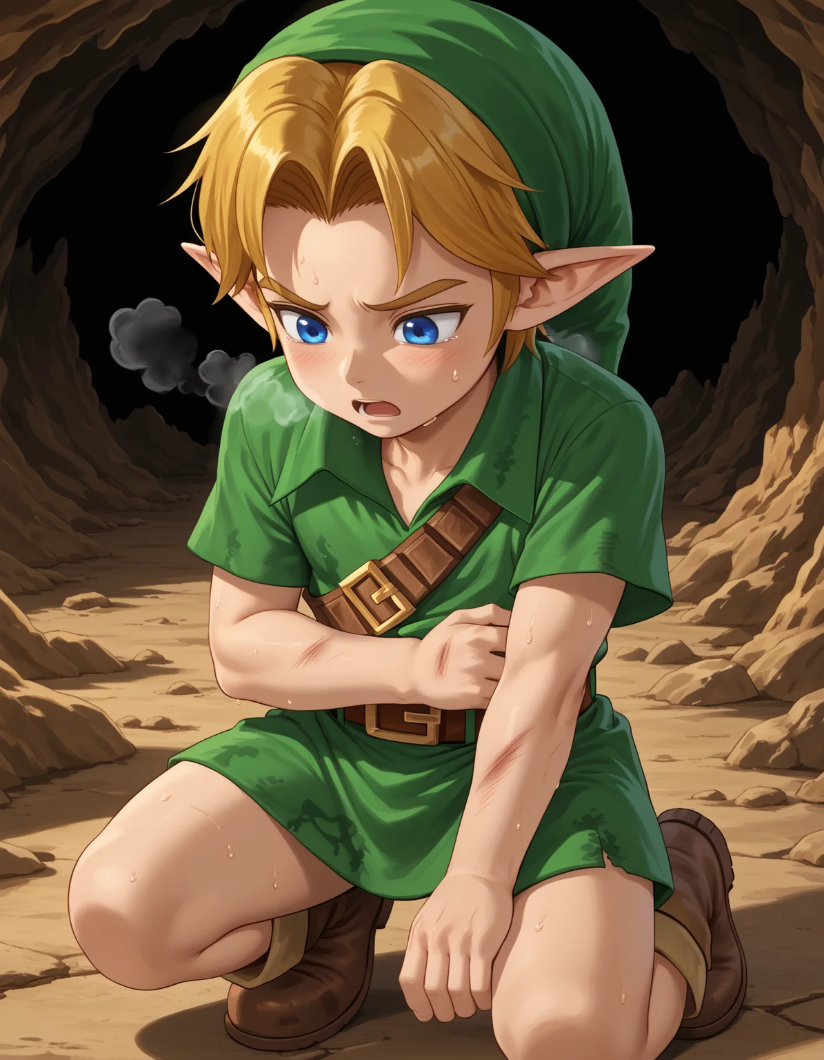 score_9, score_8_up, score_7_up, source_anime,perfect face, detailed, intricate details, highres, absurdres
BREAK
YLink, 1boy,child, solo,tattered body,injured body,painful,sad,exhausted,steam,heavy breathing,sweat,open mouth,, thighs,green hat, blonde hair, pointy ears, blue eyes, green tunic, brown belt, brown boots,
cave,darkness
BREAK
<lora:Young_Link_The_Legend_of_Zelda:1> , <lora:add-detail-xl :1>