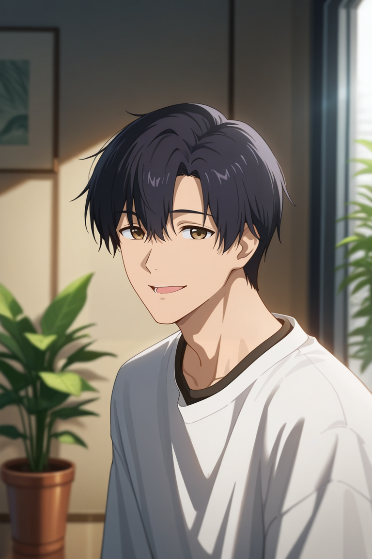 masterpiece, best quality, amazing quality, very aesthetic, high resolution, ultra-detailed, absurdres, newest, scenery, volumetric lighting, depth of field,anime screencap, , , 1boy, solo, male focus, <lora:yexiu:0.84>Ye Xiu, black hair,brown eyes, short hair,Looking at viewer, open mouth, shirt,white shirt,layered black,upper body,parted lips,smile,indoors,plants,office