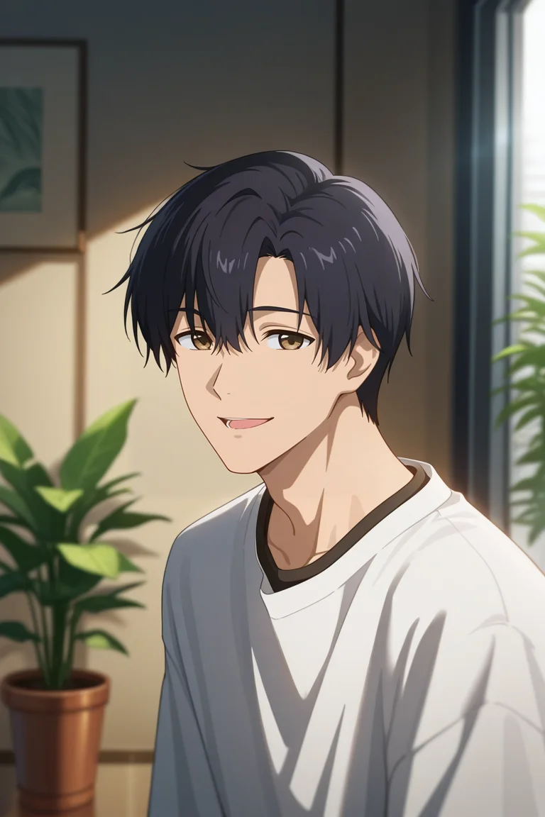 masterpiece, best quality, amazing quality, very aesthetic, high resolution, ultra-detailed, absurdres, newest, scenery, volumetric lighting, depth of field,anime screencap, , , 1boy, solo, male focus, <lora:yexiu:0.84>Ye Xiu, black hair,brown eyes, short hair,Looking at viewer, open mouth, shirt,white shirt,layered black,upper body,parted lips,smile,indoors,plants,office