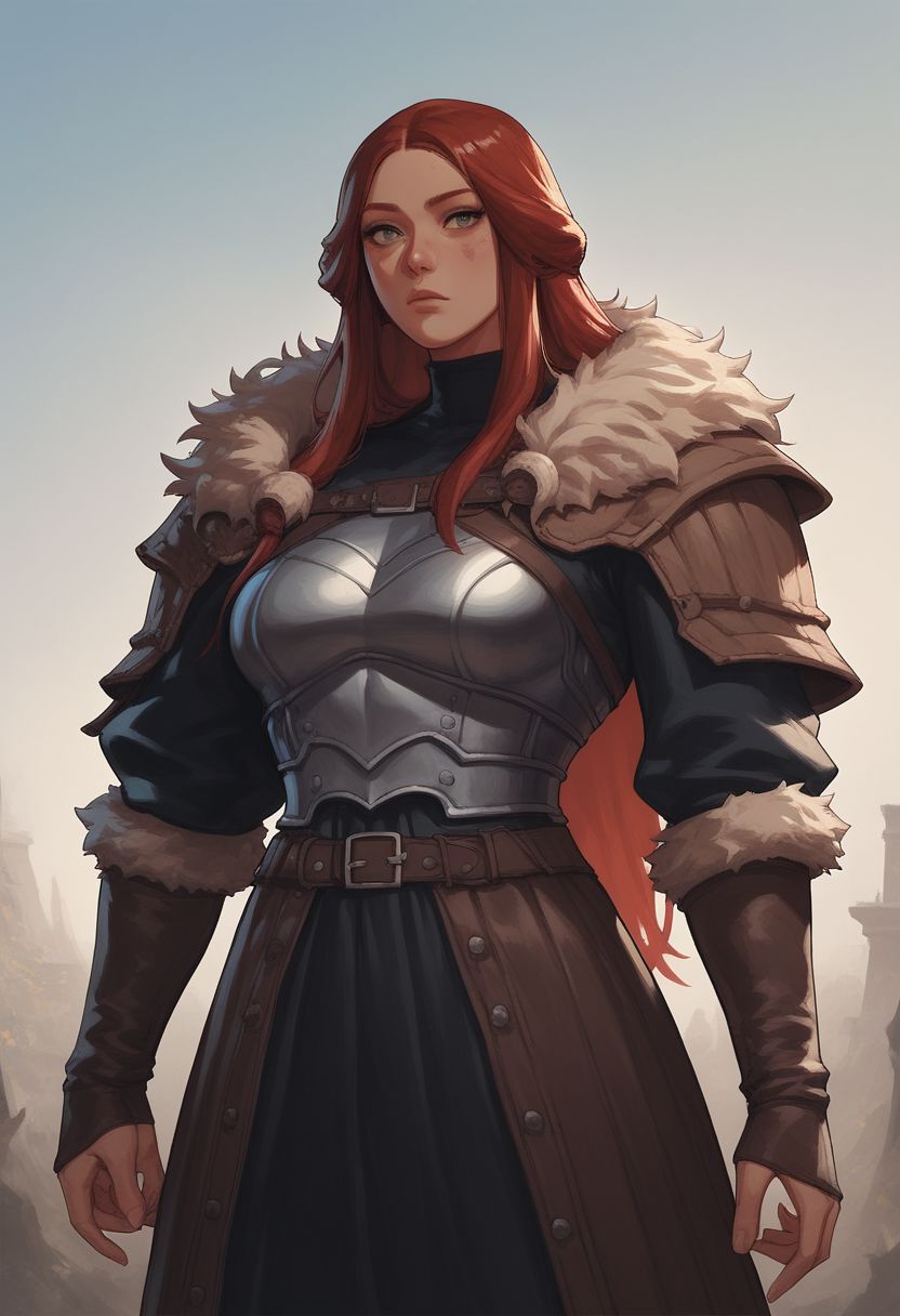 score_9,score_8_up,score_7_up,score_6_up, In a fantasy dungeon, a mysterious female, pathfinder. leather armor, fur, canvas hood, fantasy tribe aesthetic. red hair, long hair, muscular,
