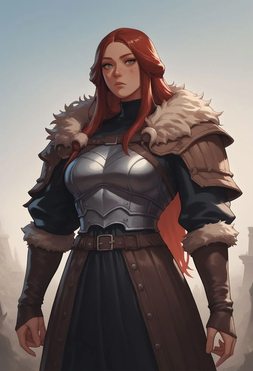 score_9,score_8_up,score_7_up,score_6_up, In a fantasy dungeon, a mysterious female, pathfinder. leather armor, fur, canvas hood, fantasy tribe aesthetic. red hair, long hair, muscular,