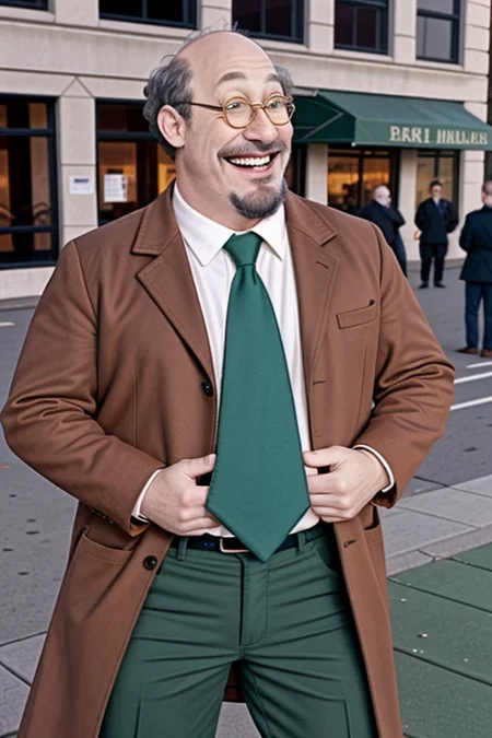<lora:Dr_Werner_P_Lipschitz:0.75> dr_lipschitz, <lora:l_32:-0.45>, standing, brown coat, green tie, glasses, smile, outdoors, facial hair, green pants,<lora:LCM_SD15:1.0>