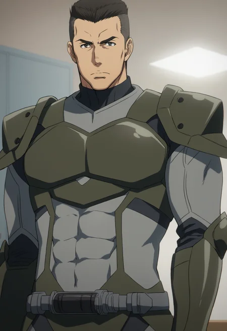 1boy, daisukeshinoyama_aico, armor, tight  cyber bodysuit, long sleeves, black hair, crew hair cut, abs,  veiny arms, manly, muscular,  stocky body, big muscle, score_7_up, score_6_up, score_8_up, score_9, looking at viewer, detailed eyes, 8k uhd, high quality , standing in garage, cabinet, table, close_up, arms at side,