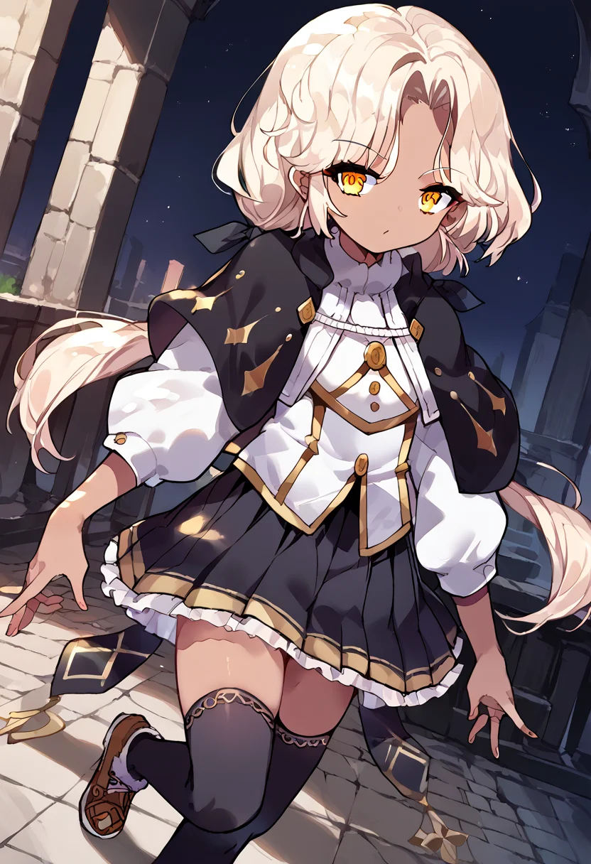 score_9,score_8_up,score_7_up,source_anime,zPDXL3,
*//*,<lora:ArchMageFP_Pony:1>,archmage_fp,1girl,solo,dark skin,dark-skinned female,blonde hair,twintails,low twintails,long hair,yellow eyes,black thighhighs,black skirt,pleated skirt,capelet,brown footwear,striped,
*//*,looking at viewer,cowboy shot,dutch angle,dynamic pose,