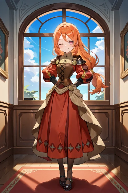 masterpiece, very aesthetic, absurdres, best quality, amazing quality, high resolution, <lora:illustrious_quality_modifiers_masterpieces_v1:0.8> , <lora:ChamIllustriousBackgroundEnhancer:0.5>, (hands behind back), <lora:MonicaIL:0.8> , MoniDef, 1girl, pink eyes, long hair, orange hair, low-tied long hair, juliet sleeves, red juliet sleeves, shoulder pads, white clasps, black arm warmers, patchwork clothes, layered dress, beige shirt, buttoned shirt, corset, brown corset, long skirt, red skirt, waist cape, beige waist cape, long sleeves, pantyhose, mary janes, black shoes, looking at viewer, full body, winking, smile, solo, detailed background, interior, fancy room, window, blue sky, clouds,