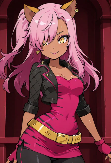 masterpiece, best quality, solo, curvy, beautiful eyes, narrow waist, wide hips, 1girl, solo, smile, looking at viewer, foreshortening, close up, anime screenshot,
zzKuro, yellow eyes, pink hair, long hair, one side up, dark skin,
cat ears, tiger ears, hair over one eye, makeup, gloves, jewelry, jacket, fingerless gloves, piercing, earrings, animal print, ear piercing, pink dress, black pants, C0utur3Cr4z3, cowboy shot, playful expression, looking at viewer,