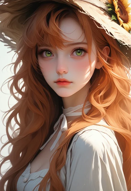 ASCII, photorealistic, OLED, score_9, score_8_up, score_7_up, score_6_up, 1girl, green eyes, copper hair, bangs, strands of hair falling over the face, long hair, straw hat with sunflower, ((close up, standing)), medium breasts, simple grey background <lora:SnowFoxeij-000006:0.4>, white ribbon choker, looking to viewer, cute face, blue dungarees, jeans dungaree