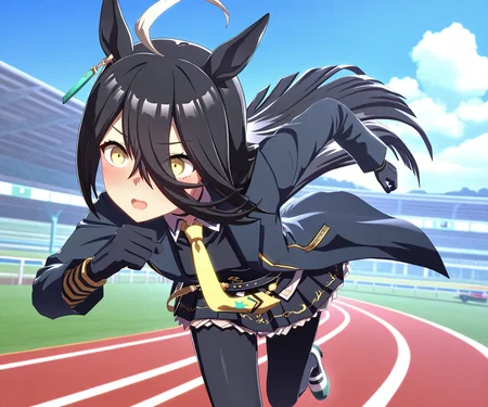masterpiece, best quality, amazing quality, , 1girl, solo,  umamusume,  racetrack, running,   <lora:Manhattan Cafe in game style 3D ILL-v2:1> ummsmingame, 3d, manhattan cafe \(umamusume\)