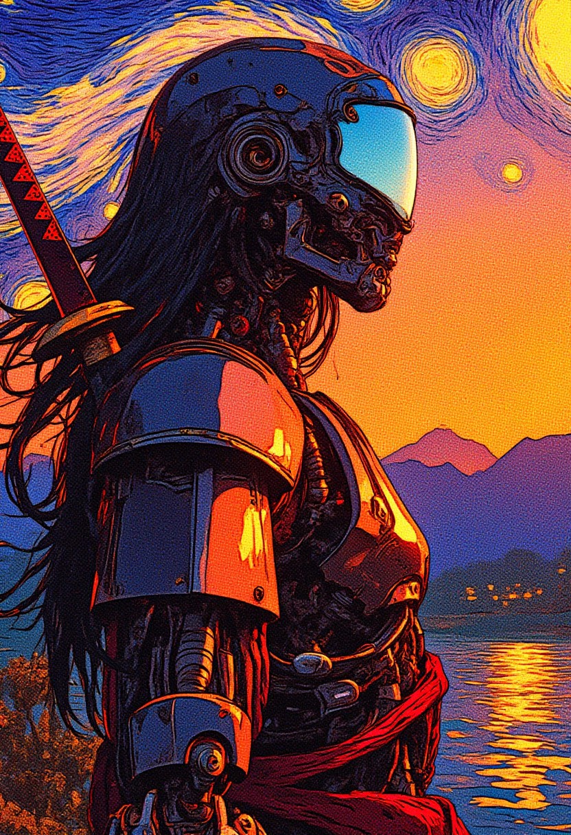 robot samurai, robot face with mirrored face shield, hyperdetailed helmet, flowing black hair, reflective black and neon red armor, robot joints, body made of metals, cables and wires, a katana strapped to her back, A Van Gogh-inspired starry night scene, vivid swirling brush strokes of fiery orange and deep blue, celestial bodies glowing brightly, a serene river reflecting the sky's radiant hues, distant dark mountains silhouetted against the vibrant horizon, thick oil paint textures, impressionistic style with dreamlike aesthetic, ultrarealistic lighting and intricate details.