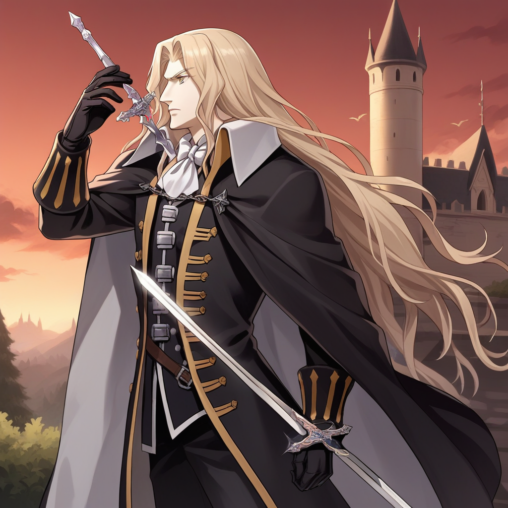 score_9, score_8_up, score_7_up, score_6_up, score_5_up, score_4_up, zPDXL2,source_anime,rating_questionable, 1boy, side profile, holding sword, outdoors, castle, red sky, ominous, <lora:Alucard_-_Castlevania:0.8> alucard_castlevania, long hair, cape, ascot, yellow eyes, black gloves, black pants, coat