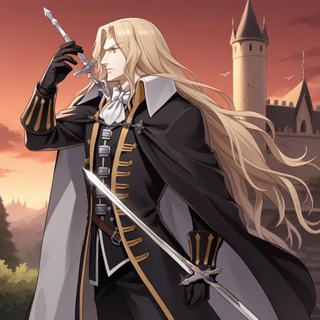 score_9, score_8_up, score_7_up, score_6_up, score_5_up, score_4_up, zPDXL2,source_anime,rating_questionable, 1boy, side profile, holding sword, outdoors, castle, red sky, ominous, <lora:Alucard_-_Castlevania:0.8> alucard_castlevania, long hair, cape, ascot, yellow eyes, black gloves, black pants, coat