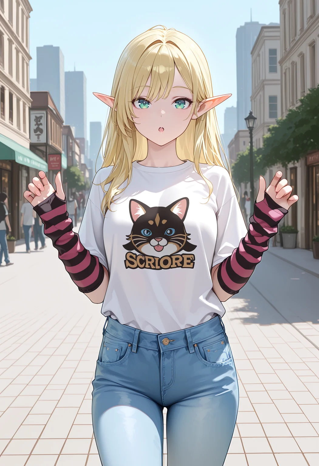 masterpiece, best quality, high score, great score, ultra-detailed, intricate details, very aesthetic, newest, hires, absurdres, 1girl, solo, elf, t-shirt, print shirt, striped arm warmers, <lora:ThumbHoleSleevesIllustrious:1>, thumb hole sleeves, denim, jeans, fingernails, looking at viewer, :o, hands up, standing, outdoors, city, day