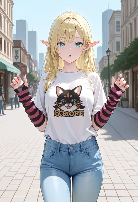 masterpiece, best quality, high score, great score, ultra-detailed, intricate details, very aesthetic, newest, hires, absurdres, 1girl, solo, elf, t-shirt, print shirt, striped arm warmers, <lora:ThumbHoleSleevesIllustrious:1>, thumb hole sleeves, denim, jeans, fingernails, looking at viewer, :o, hands up, standing, outdoors, city, day